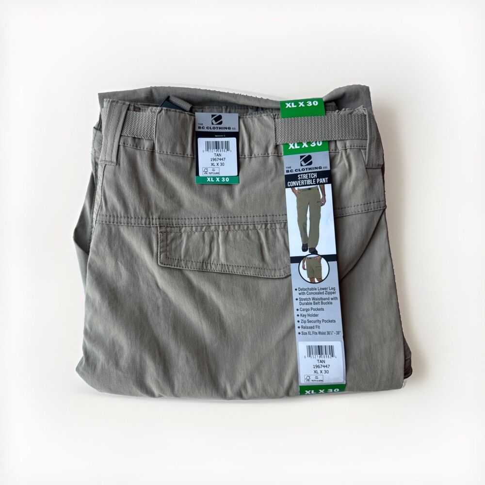 B.C. Clothing Men's Convertible Stretch Cargo Short / Pants, Tan, Size XLx30